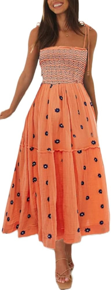 Womens Boho Long Summer Dresses Casual Beach Vacation Sun Dress Spaghetti Strap Flowy Embroidered... | Amazon (US)