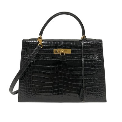 HERMES Kelly 32 Handbag Porosus Leather Black Gold Hardware Dust Bag #OK4540 | eBay US