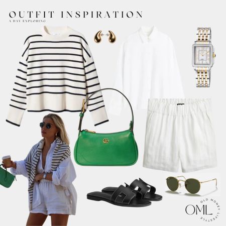 Outfit inspiration for a day exploring! Nothing better than a neutral summer outfit. I am loving the green Gucci baguette bag and this stripped sweater! All of it paired with white linen shorts and linen shirt. Don’t forget the two tone watch!

#LTKstyletip #LTKunder100 #LTKFind