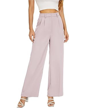Women Wide Leg High Waist Wide Leg Pants Loose Fit Back Elastic Waist Pleated Front Trousers for ... | Amazon (US)