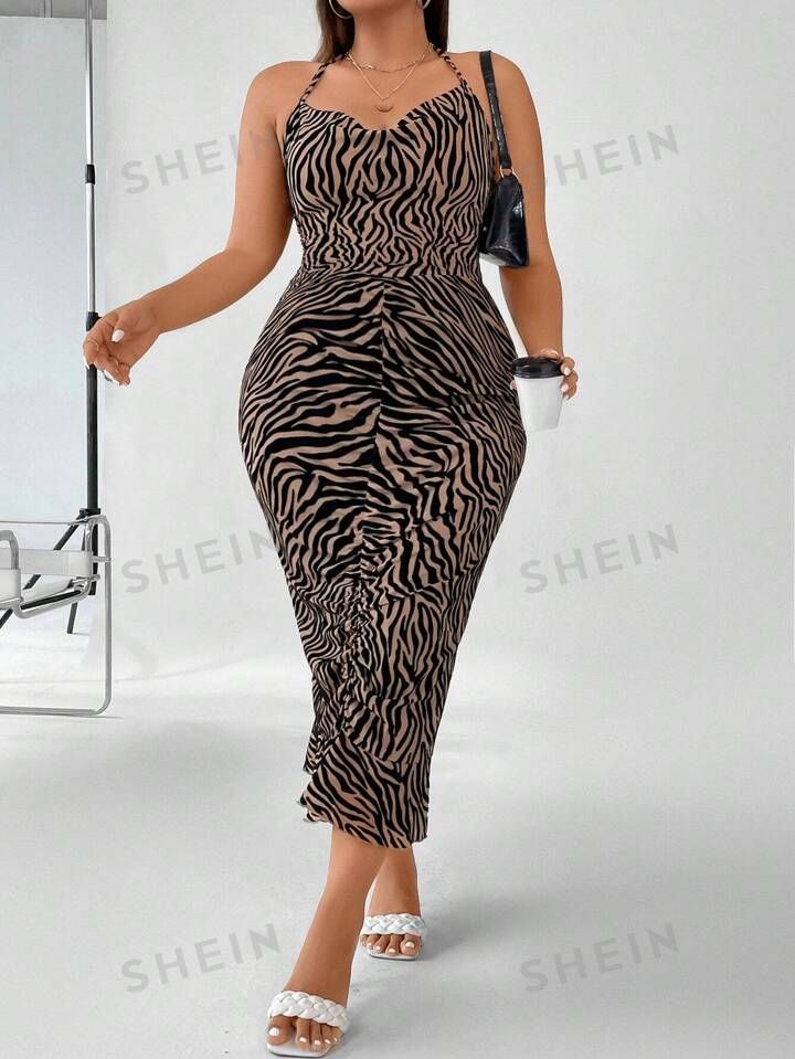 SHEIN SXY Plus Zebra Striped Draped Collar Backless Halter Neck Cami Dress | SHEIN
