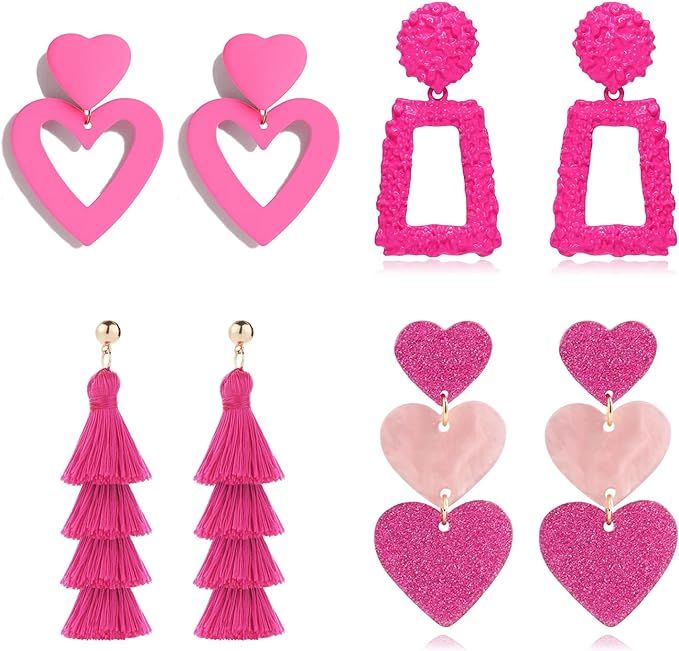 PNYFIL 4PCS pink heart earrings hot pink earrings for women lover earrings magenta earrings barbi... | Amazon (US)