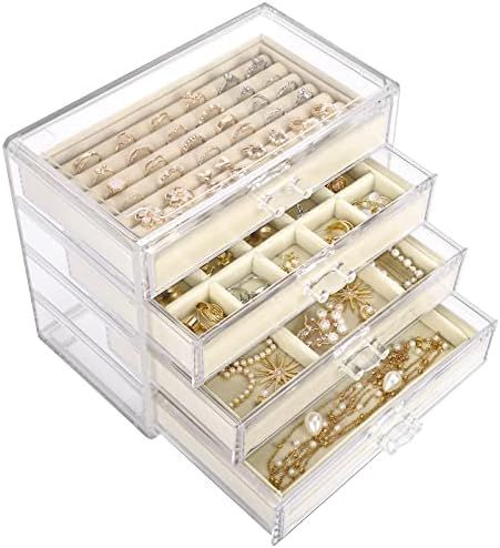 Mebbay Acrylic Jewelry Organizer, Clear Jewelry Box with 4 Drawers, Velvet Rings Earring Necklace Br | Amazon (US)