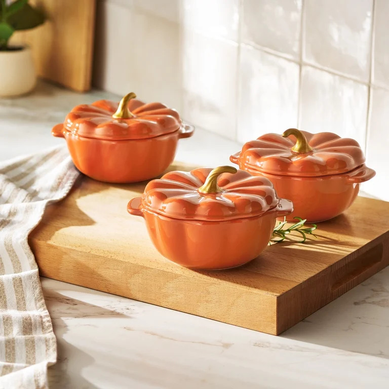 The Pioneer Woman Ceramic Pumpkin 2 Cup Mini Cocottes with Lids Set of 3, Orange - Walmart.com | Walmart (US)