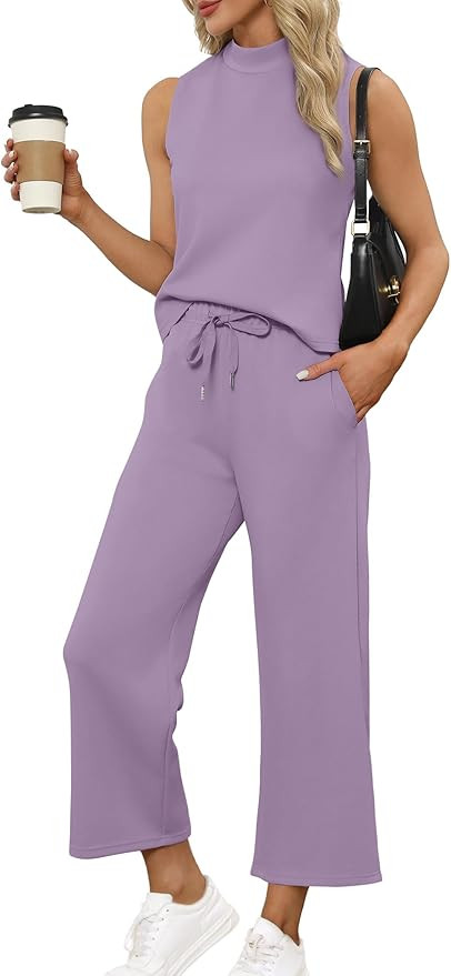 SAMPEEL Two Piece Sets for Women Summer Outfits Lounge Sets Mock Neck Tops Wide Leg Crop Pants Va... | Amazon (US)