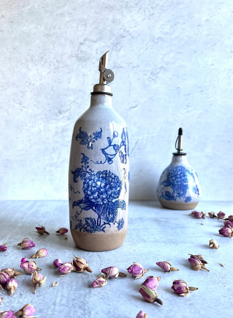Floral Blue Ceramic oil bottle, Housewarming gift, olive oil bottle, Oil cruet, wedding gift | Etsy (US)