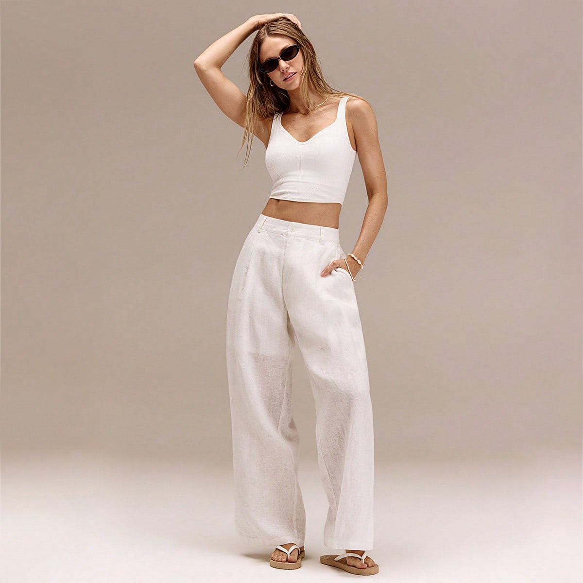 GLOWMODE Pantalones De Pierna Ancha Con Abertura Lateral No Transparente Y Elástico En La Espalda, 100% De Lino Europeo, De 30 Pulgadas, Para Vacaciones, Verano, Viajes A La Playa Y Uso Casual Diario | SHEIN