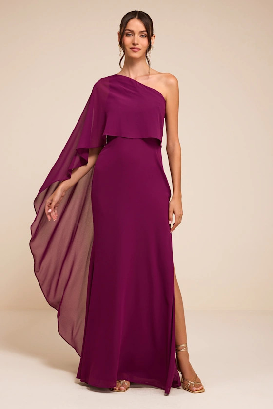 Marlowe Plum One-Shoulder Cape Maxi Dress | Lulus