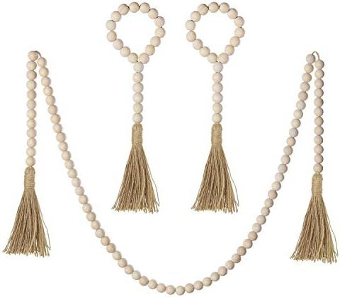 Mokof 3 Pack Wood Bead Garland with Jute Tassel, Rustic Wooden Bead Decor, Farmhouse Home Wall Ha... | Amazon (US)