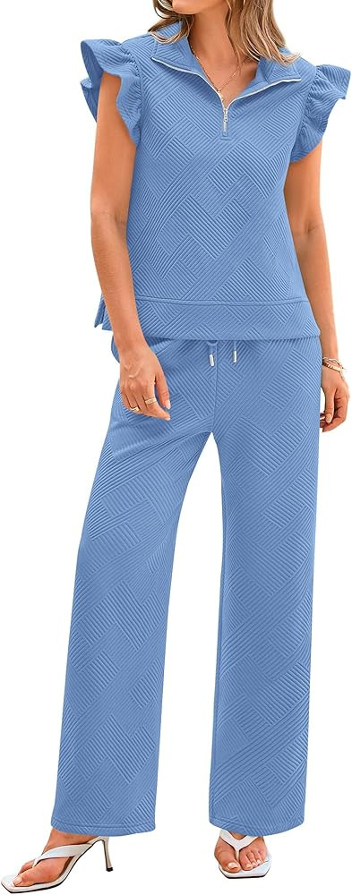 BTFBM Women Summer 2 Piece Sets Airport Outfits Ruffle Cap Sleeve Quarter Zip Top Wide Leg Pants ... | Amazon (US)