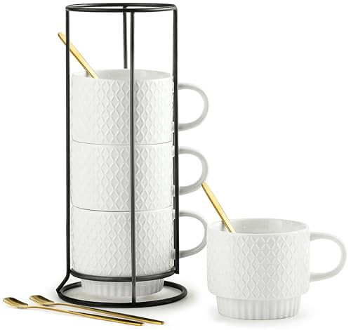 LYEOBOH Stackable Coffee Mugs with Rack, 13 oz Ceramic Coffee Mug Set of 4 with Stand, Latte Cup with Spoon, Cappuccino Cups for Hot Cocoa, Milk, White | Amazon (US)