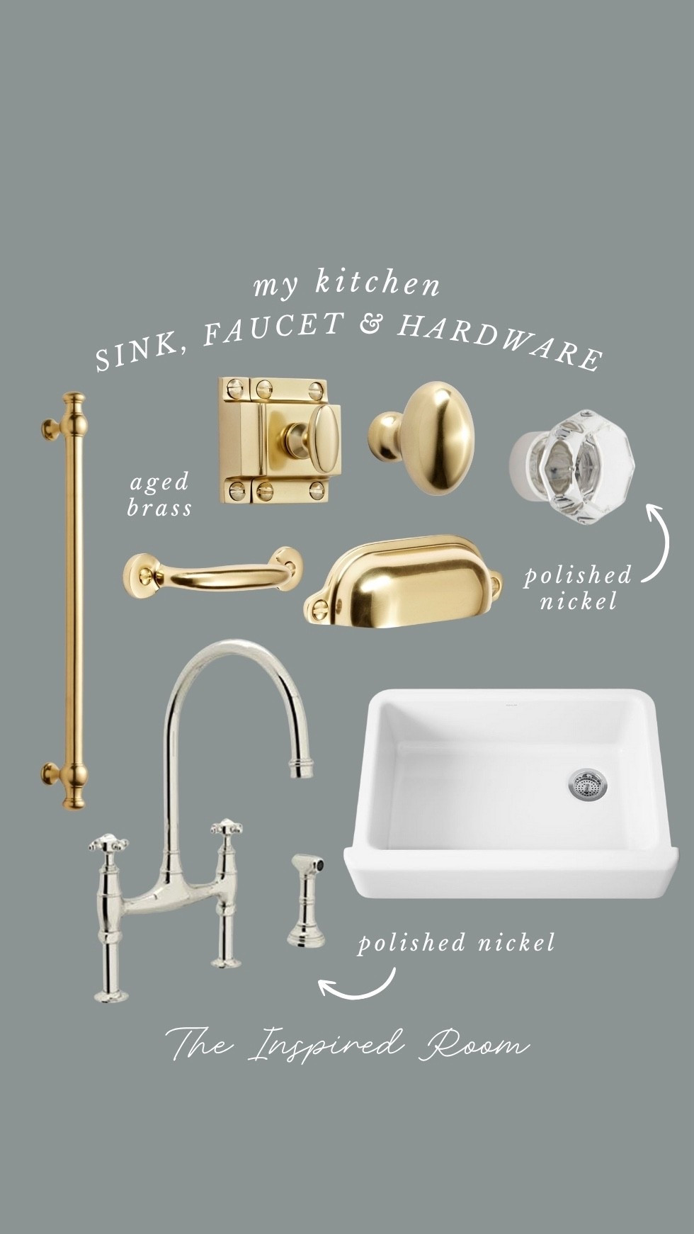 My coastal cottage kitchen hardware, sink, and faucet. Finished are aged brass, and polished nickel. 

#LTKHome #LTKSaleAlert #LTKFindsUnder50