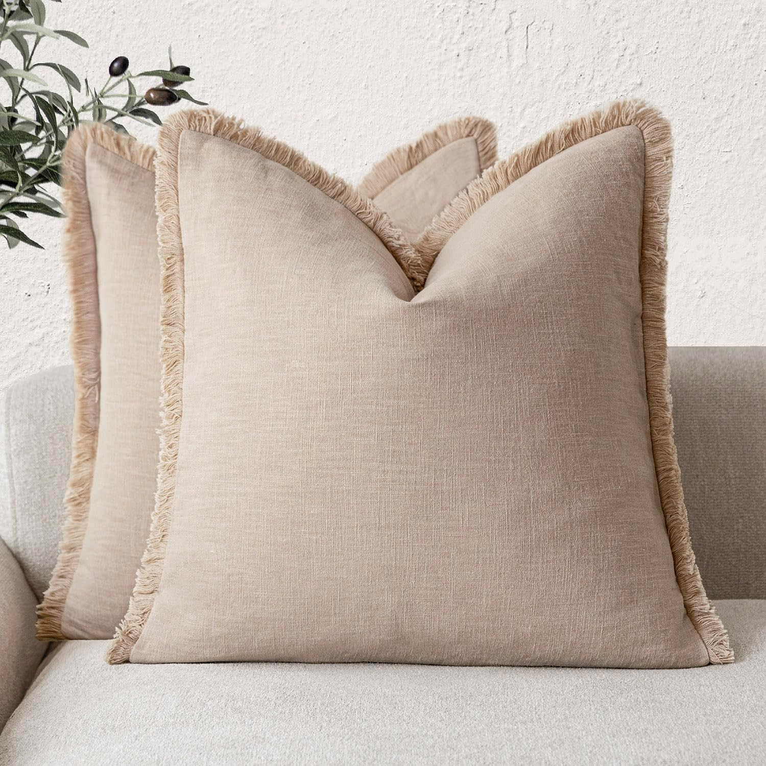 Foindtower Set of 2 Decorative Linen Fringe Throw Pillow Covers Boho Farmhouse Cushion Cover with... | Amazon (US)