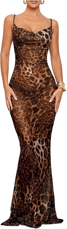 GORGLITTER Women's Animal Zebra Tiger Print Maxi Dresses Y2K Cowl Neck Beach Vacation Summer Cock... | Amazon (US)