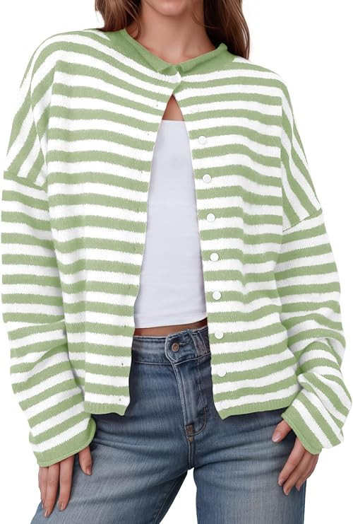 Saodimallsu Womens Striped Cardigan Casual Long Sleeve Open Front Button Down Loose Knit Lightwei... | Amazon (US)