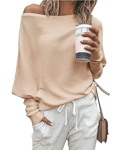 Zenlonr Women's Fall Winter Sweaters 2025 Casual Long Batwing Sleeve Loose Off Shoulder Knit Pullovers Jumper Tops(Beige,X-Large) | Amazon (US)