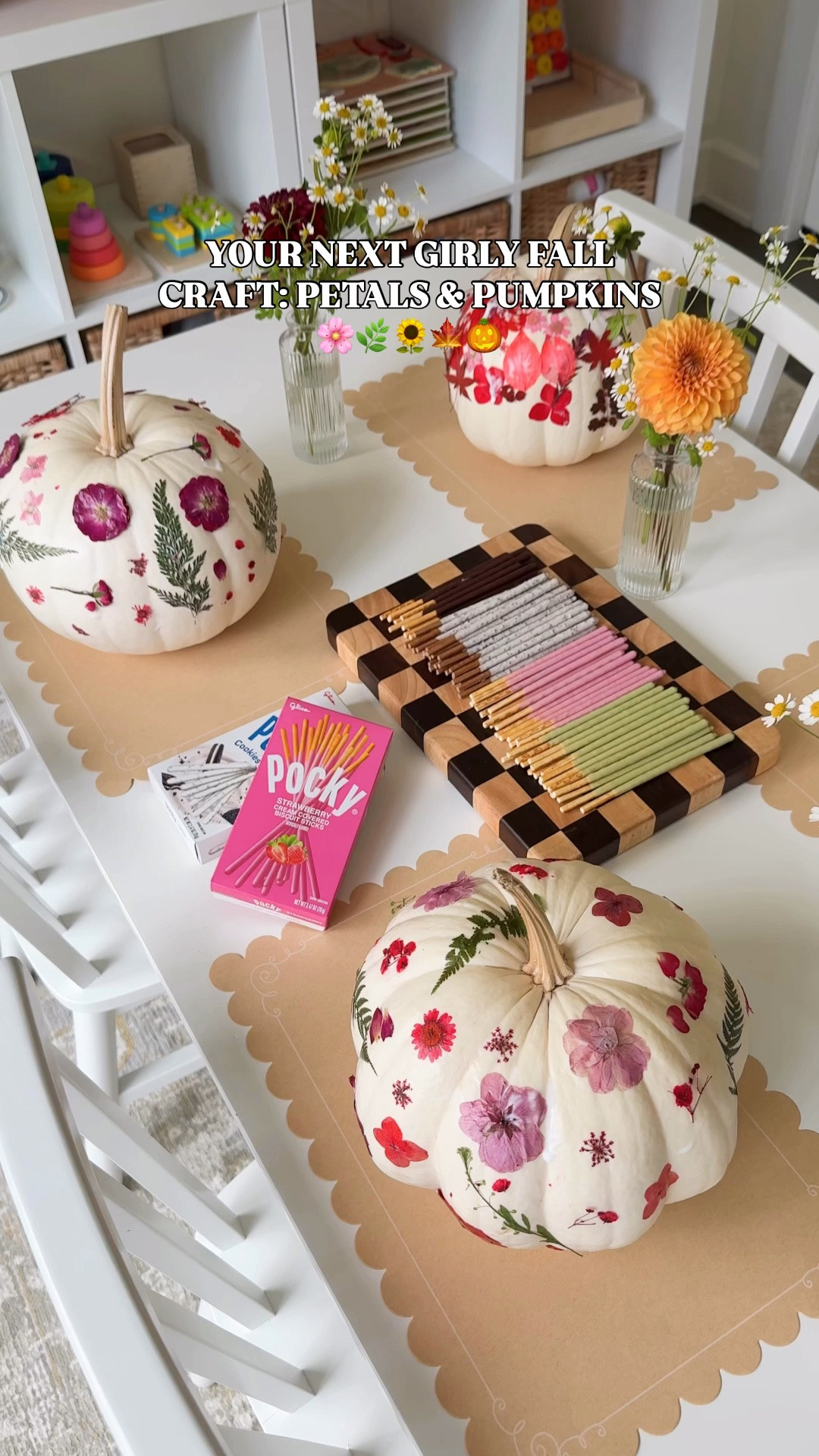Happy first day of fall! Who else is ready for ALL the fall things?! 🥰🍁

🍂 Here’s a fun and aesthetic pumpkin decorating idea to do with kids or as a girls craft night in - pressed flowers + pumpkins! 🎃🌸 It’s easy, not messy, and the pumpkins turned out so cute and pretty! #pumpkindecorating #fallcrafts #pressedflowerart 

Paint brushes, pressed flowers, Mod Podge glue, Pocky, kids chairs and table, rug, bud vases, chop board

#LTKhome #LTKkids