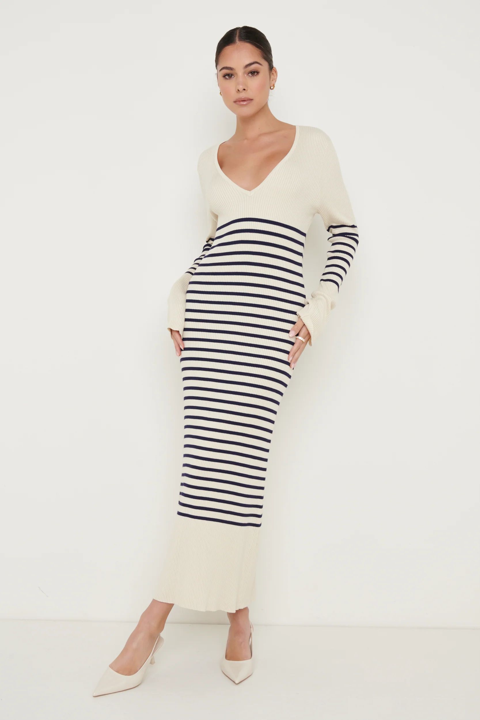 Vanessa Striped Knit Dress - Cream and Blue | Pretty Lavish (UK)