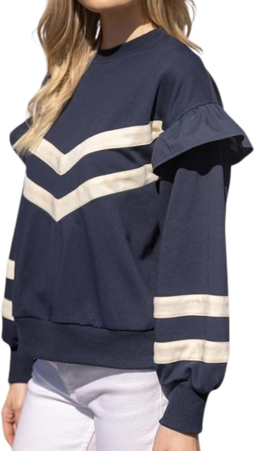 Womens Trendy Sweatshirt Casual Crewneck Long Sleeve Colorblock Striped Drop Shoulder Pullover | Amazon (US)