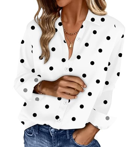 OFEEFAN Polka Dot Top Womens Button Down Shirts Blouses Business Casual Fashion Outfit Spring Summer Beach Vacation Clothes Resort Wear Print 8 L | Amazon (US)