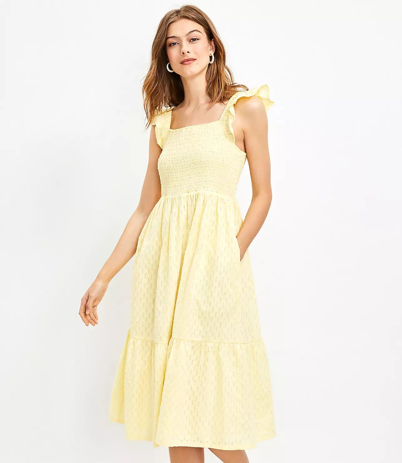 Clip Smocked Ruffle Midi Pocket Dress | LOFT