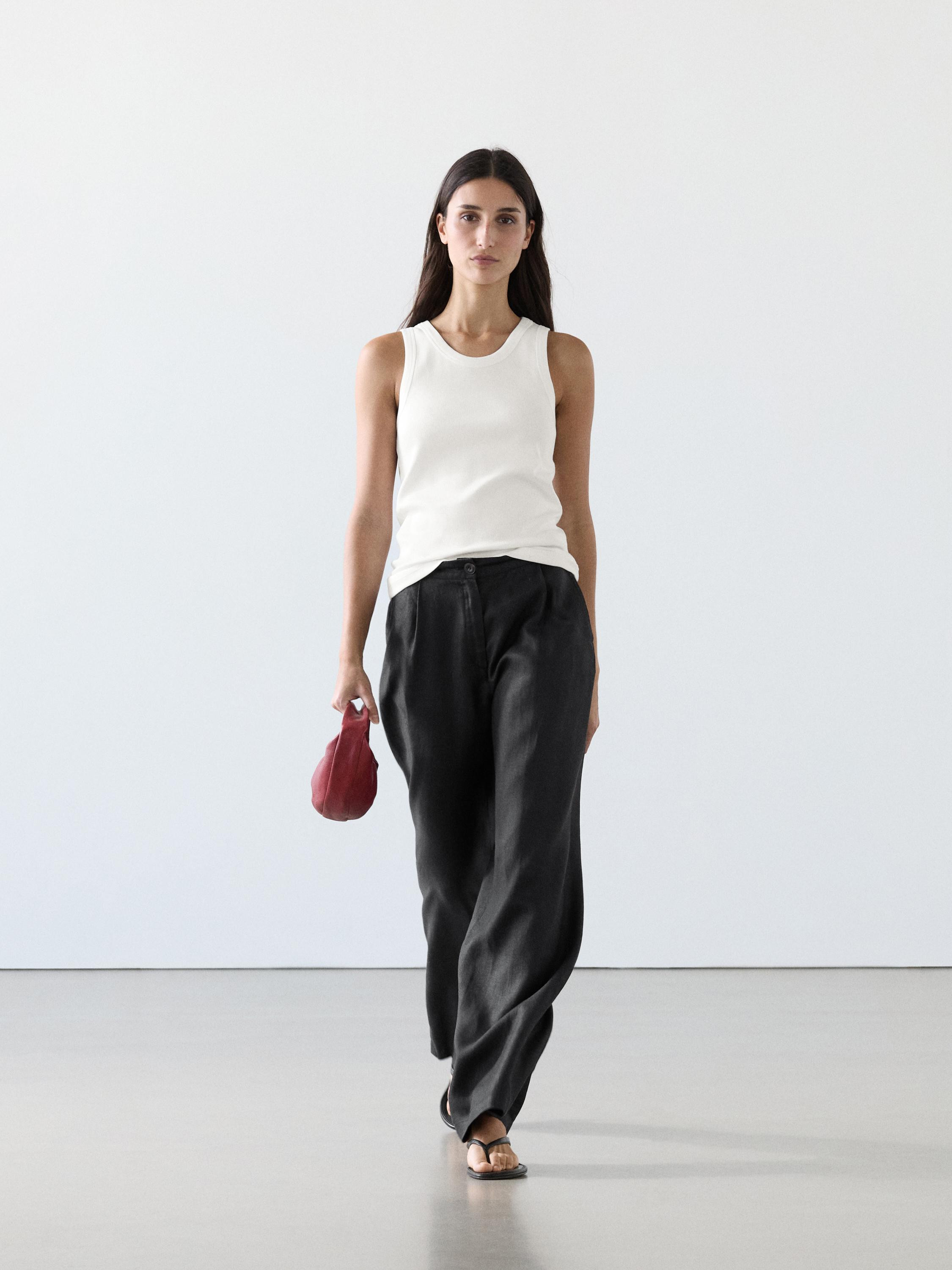 Hose mit weitem Bein aus 100 % Leinen mit Gummizug | Massimo Dutti DE