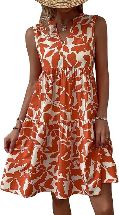 SOLY HUX Women's Summer Boho Print Notched V Neck Sleeveless Ruffle Hem Loose Dress | Amazon (US)