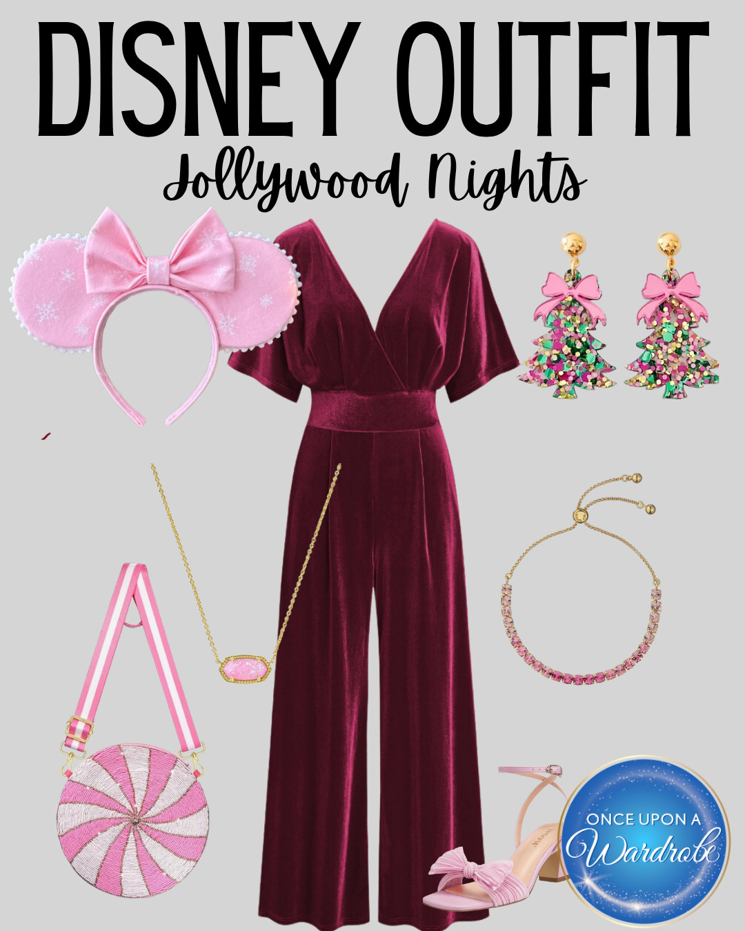Create a glamorous Disney Jollywood Nights outfit with a burgundy velvet jumpsuit, pink Minnie ears, festive Christmas tree earrings, sparkly jewelry and a pink-and-white statement bag. Add bow heels and gold accessories for an elevated holiday look that fits the old Hollywood style of Disney’s Hollywood Studios. Perfect for Disney Jollywood Nights, Disney Christmas outfits for women, Hollywood Studios holiday events, festive Disney party outfits and elegant Walt Disney World Christmas style. 

 #LTKootd #LTKSeasonal #LTKTravel