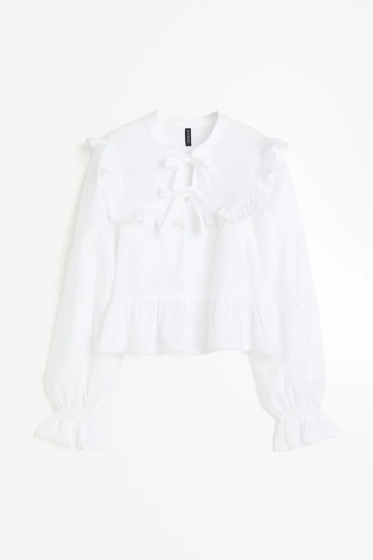Tie-detail Ruffle-trimmed Blouse - White - Ladies | H&M US | H&M (US + CA)