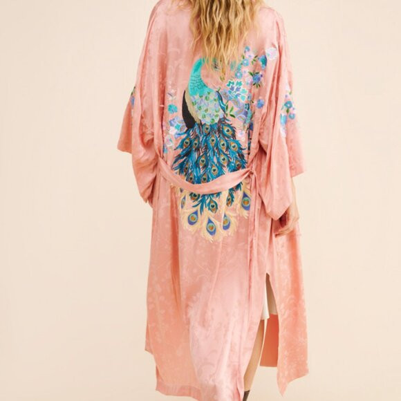 Women's Nuuly x SPELL Pink Embroidered Peacock Silky Robe Size S/M Small Medium | Poshmark