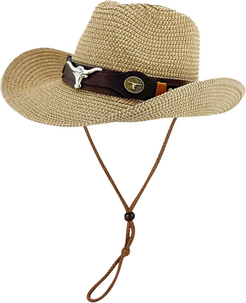 Straw Cowboy Hats Straw Cowgirl Hat Wide Shapeable Wide Brim Foldable Vacation Beach Sun Hat with... | Amazon (US)