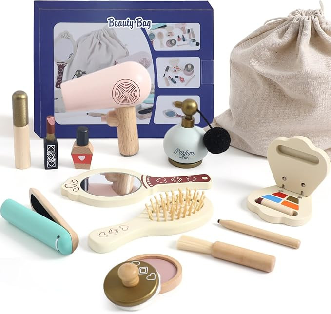OESSUF Kids Makeup Kit for Girl, Wooden Makeup Toy Set for Toddlers, Pretend Wood Beauty Salon To... | Amazon (US)