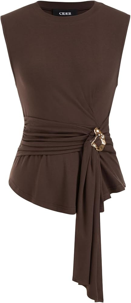 CIDER Twist Knot Top Metal Accent - Women Sleeveless Jersey Tank Round Neck Ruched Waist Blouse | Amazon (US)