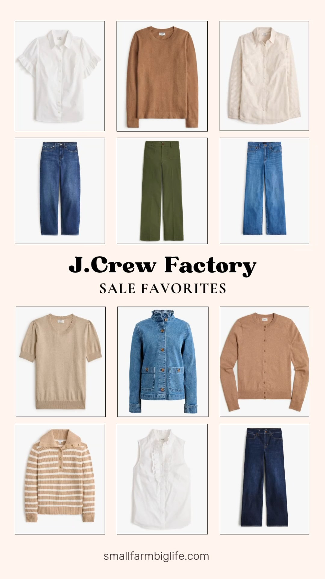 J.Crew Factory has so many great summer into fall favorites on sale right now.

The heather camel cotton Teddie sweater is soft and cozy, perfect for layering into your fall rotation. Pair it with the distressed fatigue Lizzie wide leg pant or the midnight river wash slim barrel leg jean in all day stretch for an easy fall outfit.

For denim, I also love the medium wash light feel wide leg cropped jean and the dark denim wash wide leg cropped jean in all day stretch, both great transitional fits.

The heather mushroom classic cotton cardigan and the heather light khaki short sleeve crewneck scalloped sweater bring soft, neutral texture to any outfit. The light khaki and ivory stripe button neck sweater is a great preppy layering piece too.

For outerwear, the pebble blue wash denim ruffle collar field jacket adds a feminine detail to a classic jacket silhouette. And the white ruffle front top is an easy way to dress up jeans for a night out.

#jcrewfactory #fallwardrobe #falltransition #fallsweaters #falldenim 

 #LTKootd #LTKOver40 #LTKSaleAlert