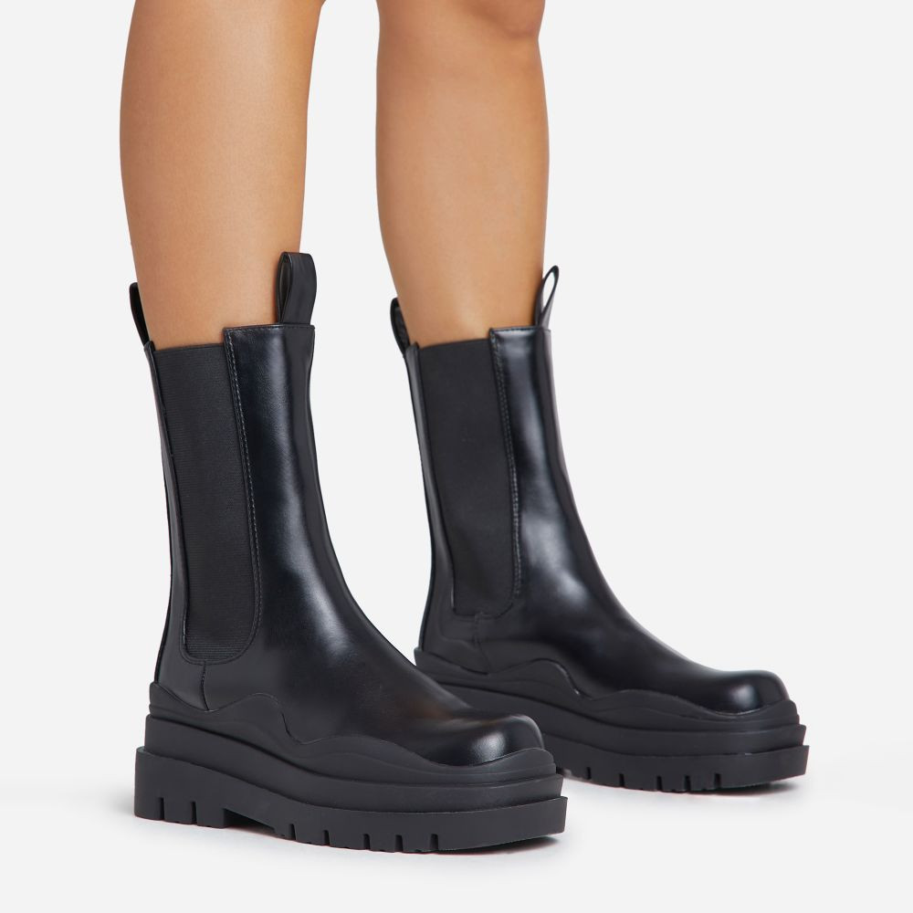 Energy Chunky Sole Ankle Chelsea Biker Boot In Black Faux Leather | EGO Shoes (US & Canada)