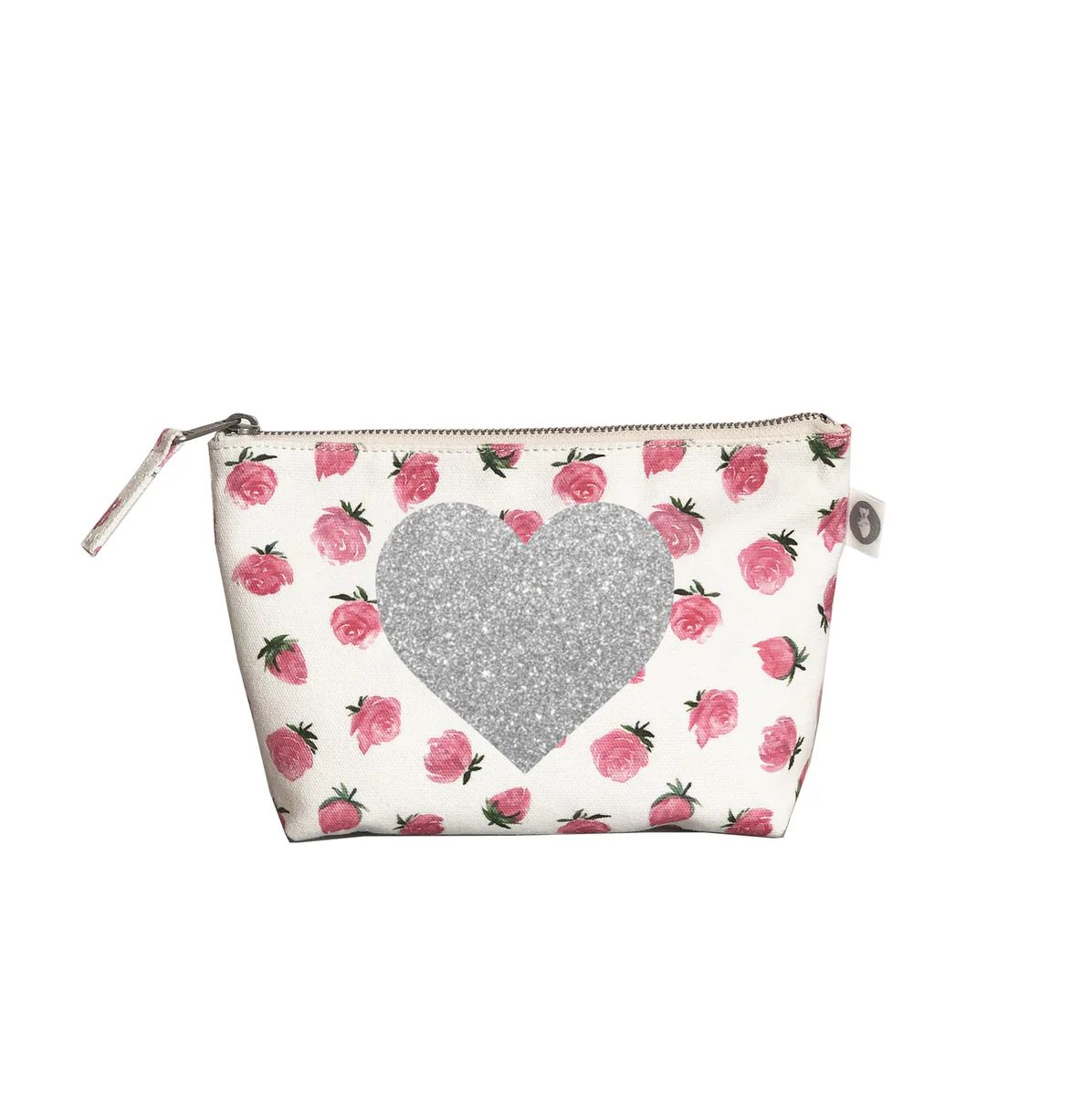 Makeup Bag: White Floral with Silver Glitter Heart | Quilted Koala