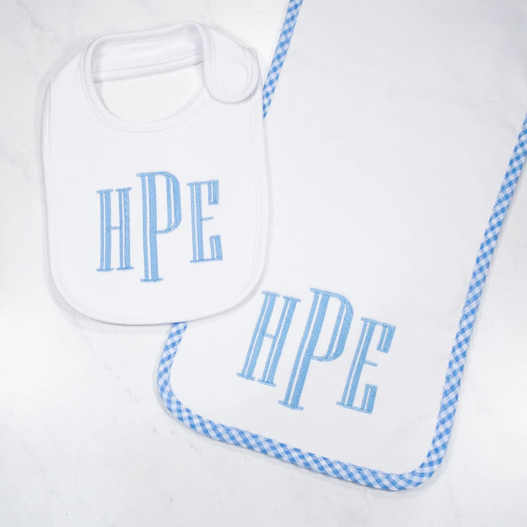 Monogrammed Burp Cloth & Bib Set With Blue Trim Personalized Baby Gift Embroidered Bib Baby Boy N... | Etsy (US)
