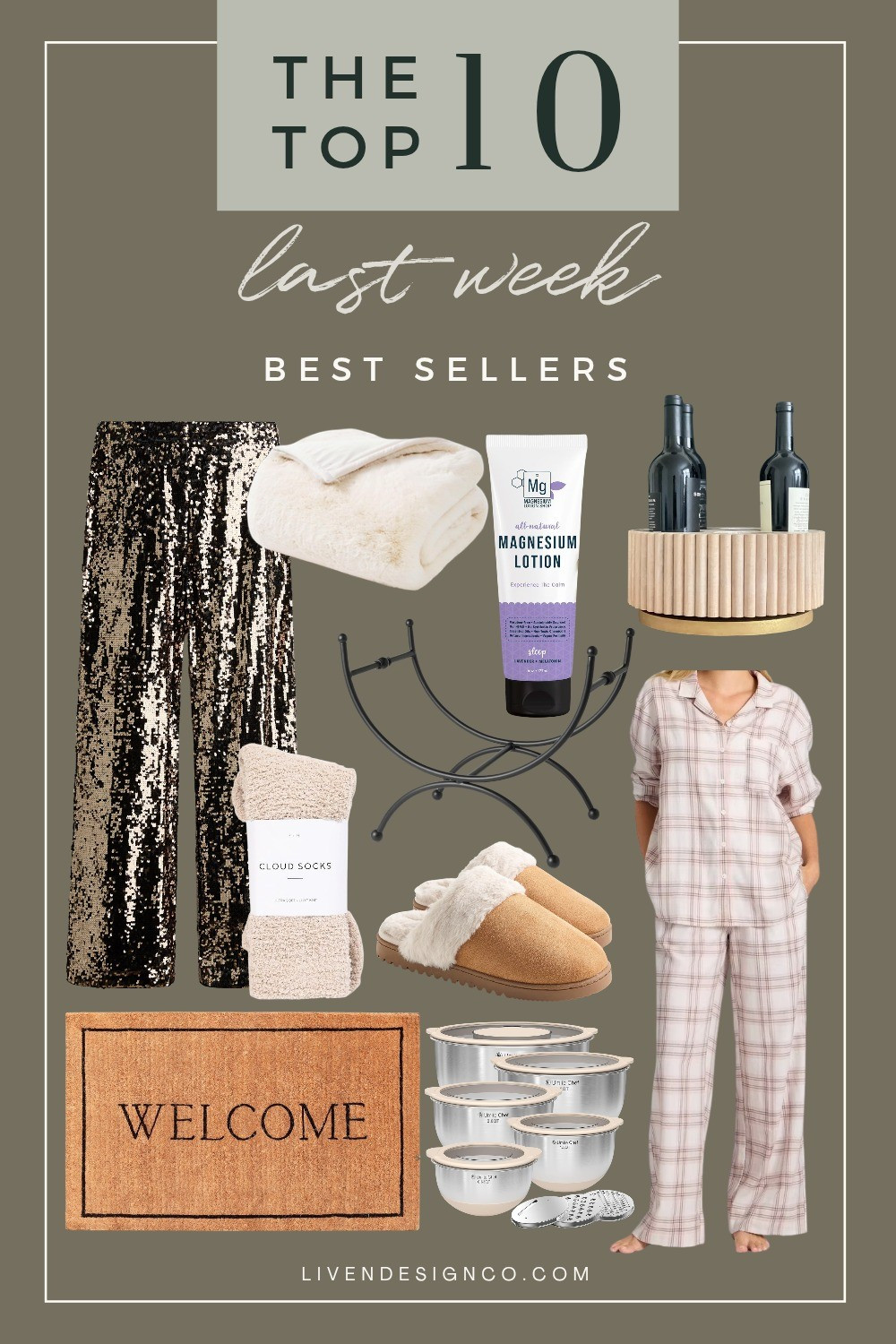 Last week bestselling items. Home decor. Holiday party. Sequin pants. Gold pants. NYE. Wine holder. Sleep lotion. Magnesium lotion. Fire log holder. Cozy socks. Slippers. Flannel pajamas. Plush faux fur blanket. Welcome mat. Doormat. Mixing bowls

#LTKSeasonal #LTKFindsUnder100 #LTKHome