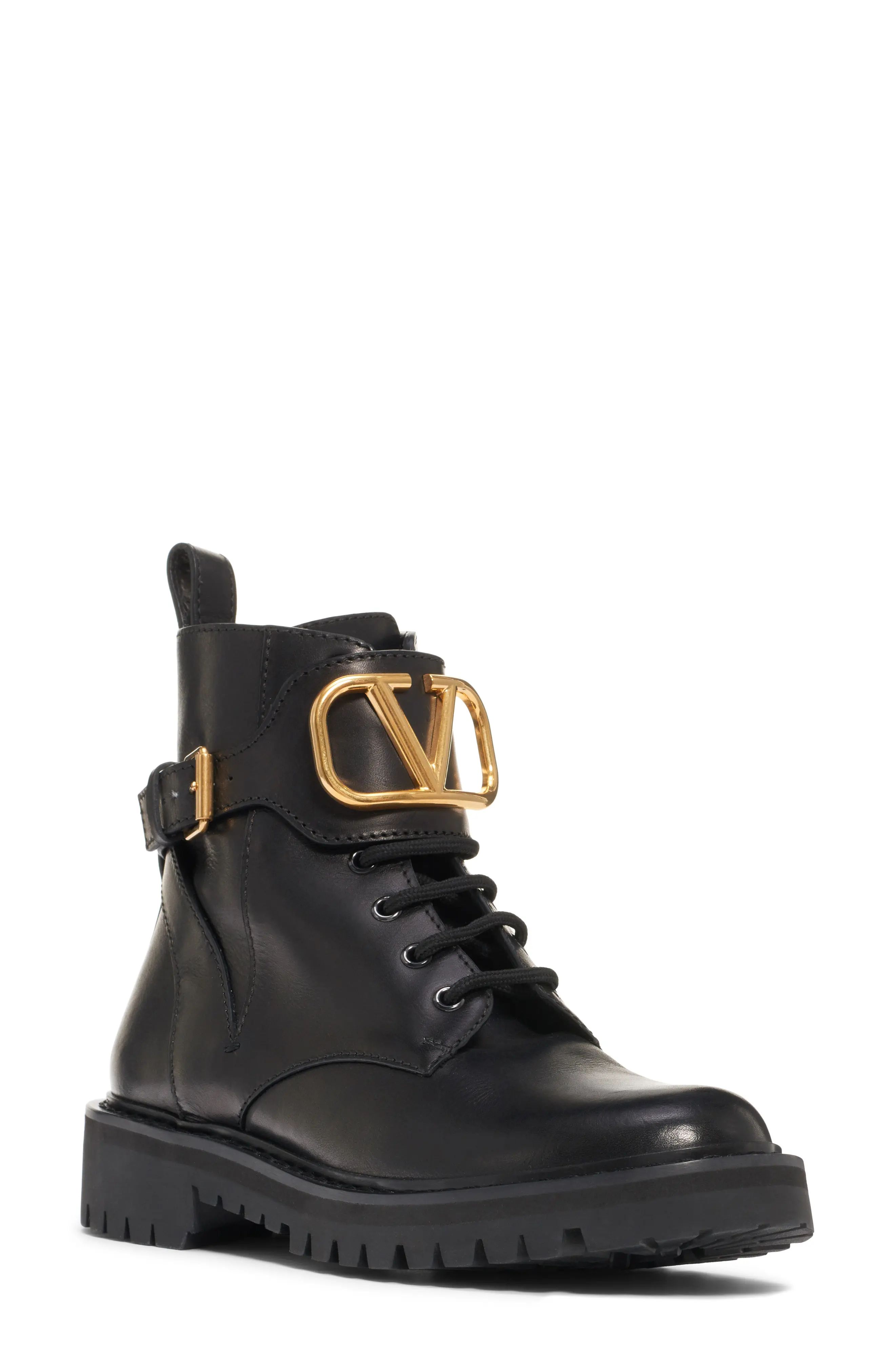 Valentino Garavani V-Logo Buckle Combat Boot, Size 5.5Us in Black at Nordstrom | Nordstrom