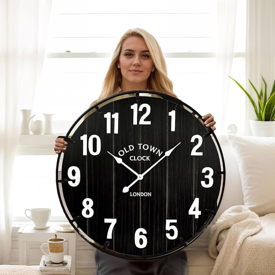 EMAX HOME Large Old Town Farmhouse Black Wall Clock 30 Inch Rustic Antique Wood with Metal Circle... | Amazon (US)