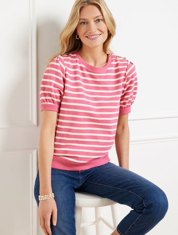 Button Shoulder Crewneck Sweatshirt - Stripe | Talbots