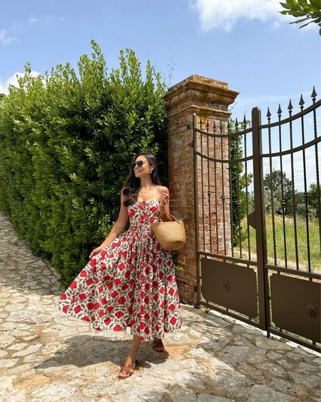 Kat Jamieson shares red floral dresses for spring. Spring outfits, midi dress, Rhode, what to wear in Tuscany Italy. 

#LTKstyletip #LTKSeasonal #LTKtravel