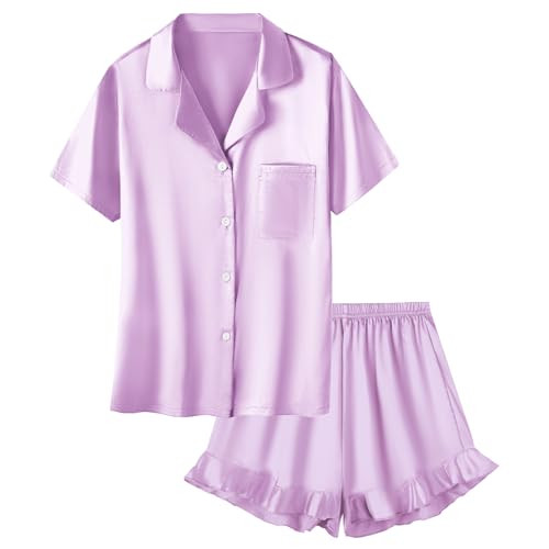 Umeyda Girls & Women Satin Pajamas Set Button Down 2 Piece Silk Pjs Shorts Set Ruffle Sleepwear, ... | Amazon (US)