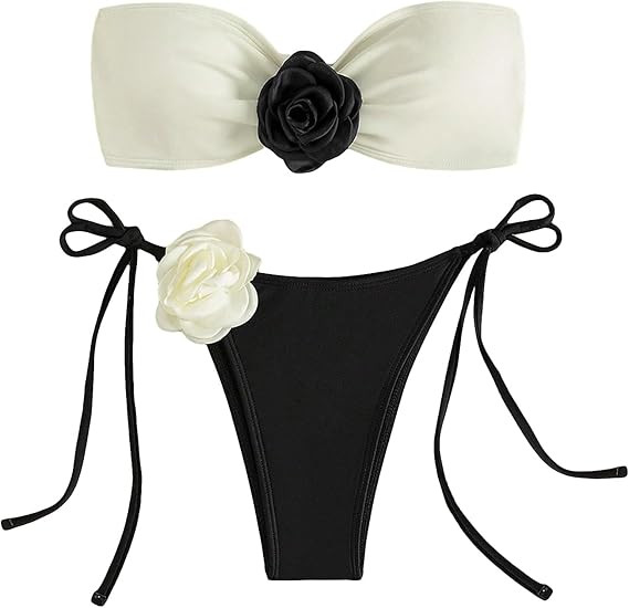 GORGLITTER Women's 2 Piece 3D Floral Strapless Swimsuit Bandeau Top Cheeky String Thong Bikini Se... | Amazon (US)