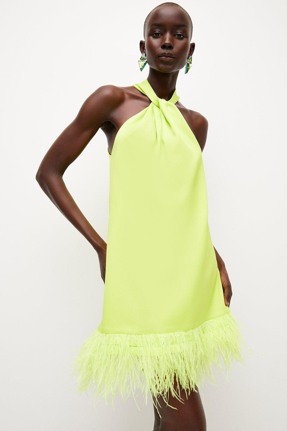 Satin Back Crepe Feather Hem Halter Dress | Karen Millen US