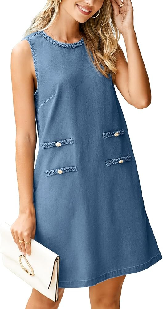 Simplee Womens Denim Dress Summer Sleeveless Casual Mini Dresses Crewneck Western Jean Dress with... | Amazon (US)