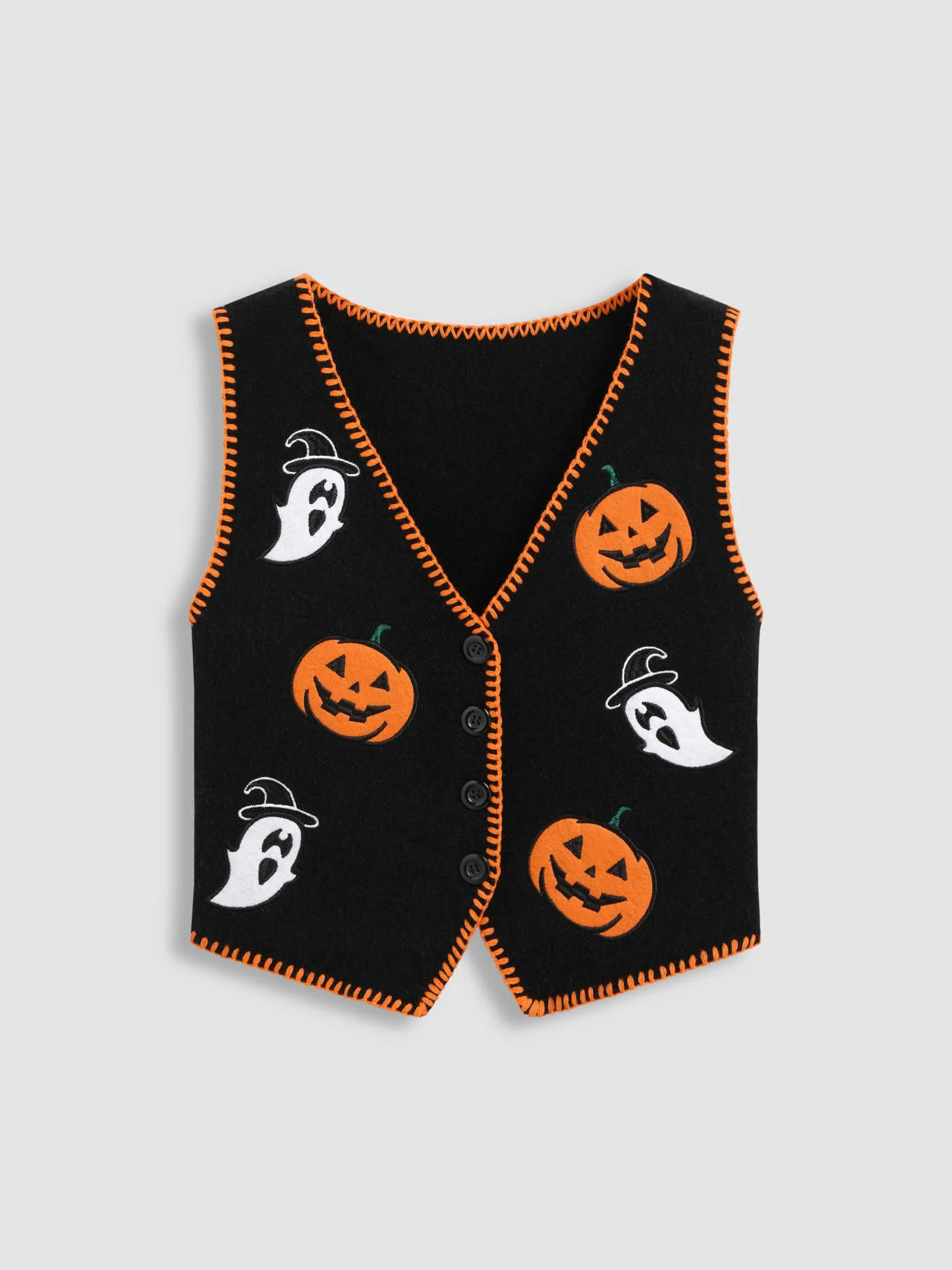 Knit Fabric Knitted V-neck Pumpkin Ghost Contrasting Binding Vest For Daily Casual Vacation | Cider
