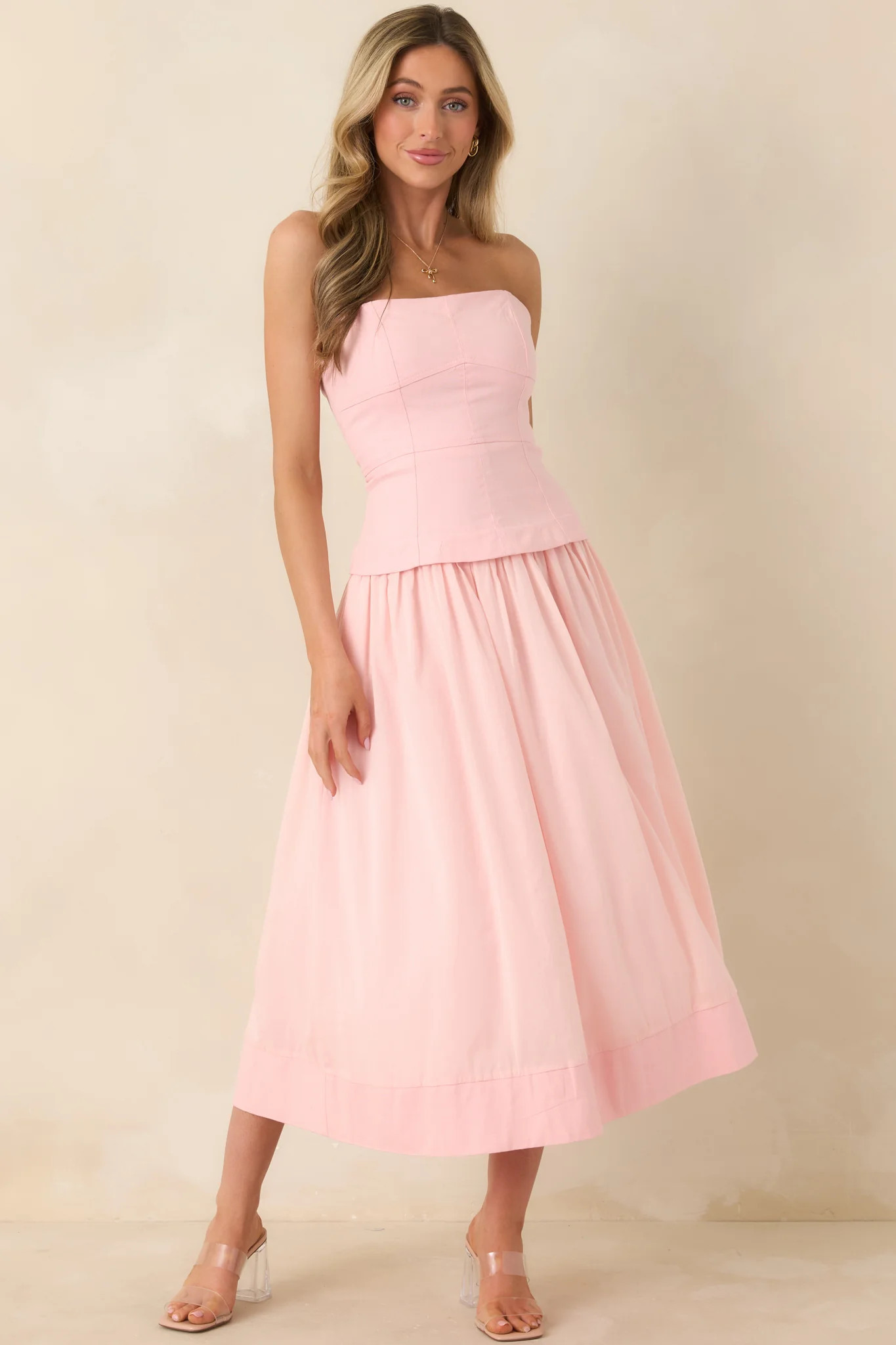 You Already Know Pink Cotton Bustier Bodice Strapless Midi Dress | Red Dress