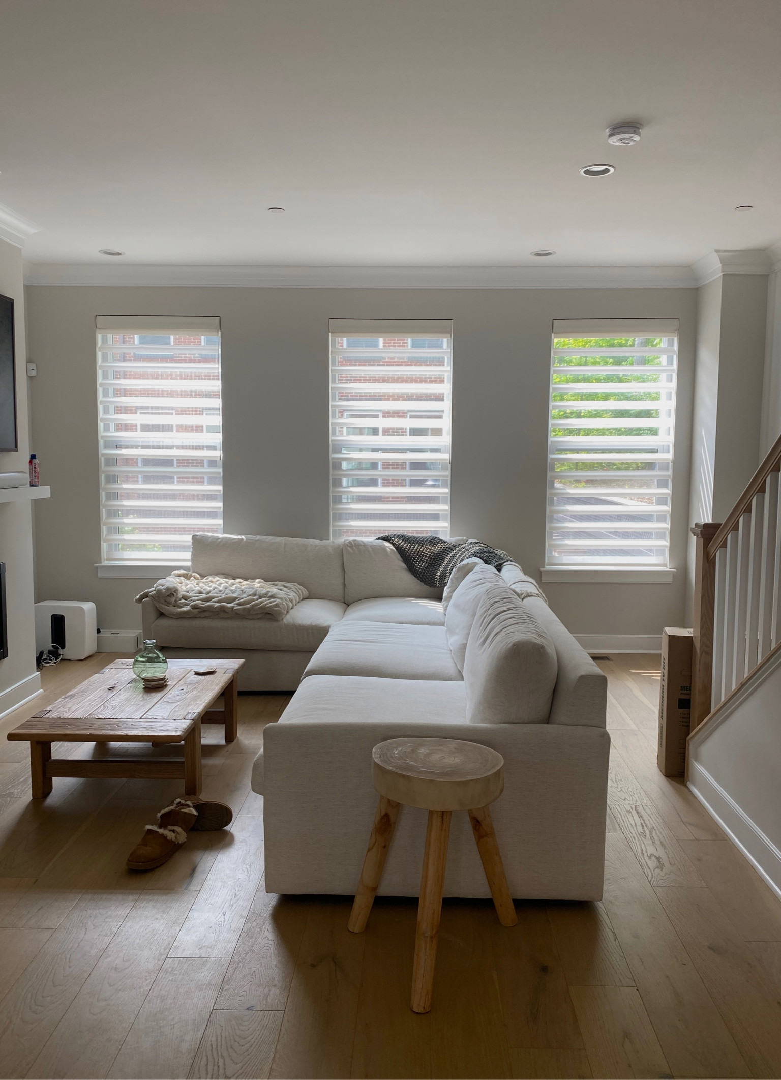 Living room slowly coming together.. 🤎
Couch: Arhaus
Stool: Home Goods
Coffee table: Anthropologie 
Green blanket: West Elm 
Chewed Uggs: Puppy 

#LTKhome