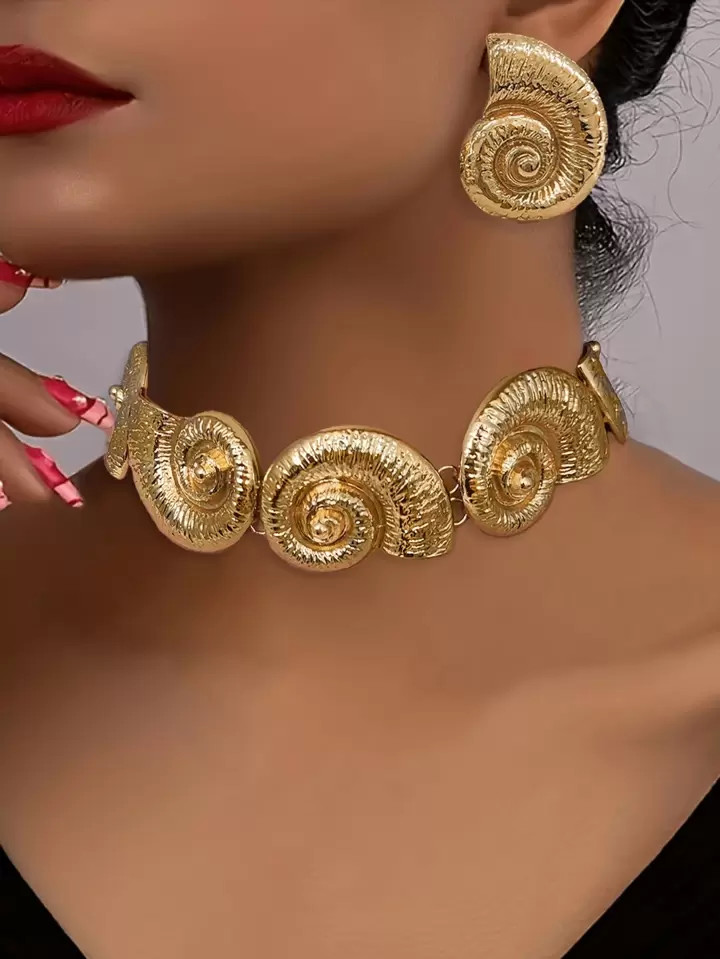 1pc Classic Gold Metal Conch Design Necklace & 1 Pair Gold Metal Spiral Conch Earrings, Fashionab... | SHEIN